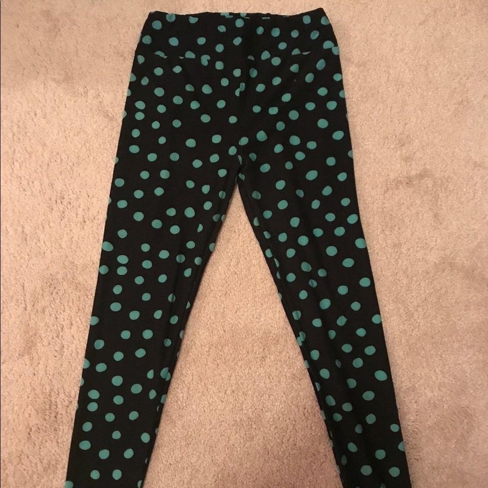 LulaRoe Leggings Black with turquoise polka dots